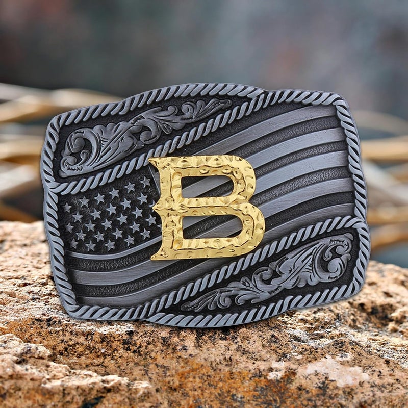 Fibbadet Store Western Cowboy Initial Letters A-Z American Flag Belt Buckle for Men Fathers Day Boyfriend Husband - Image 1
